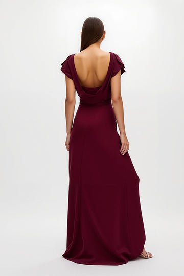 Burgundy Cap Sleeve V-Neck Holiday Dress With Slit